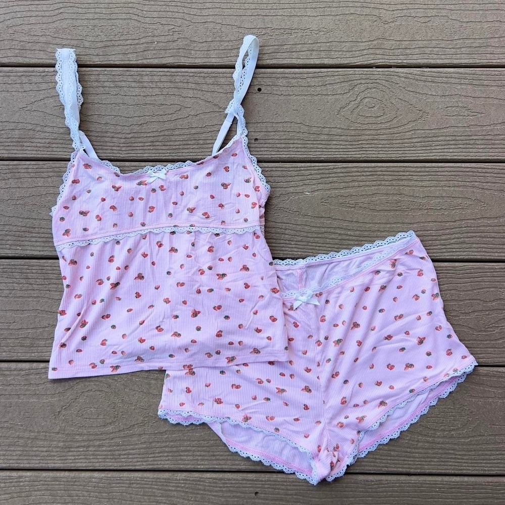 Edikted Pink Strawberry Lace Trim Pajama Set Cami & Booty Shorts Sleepwear